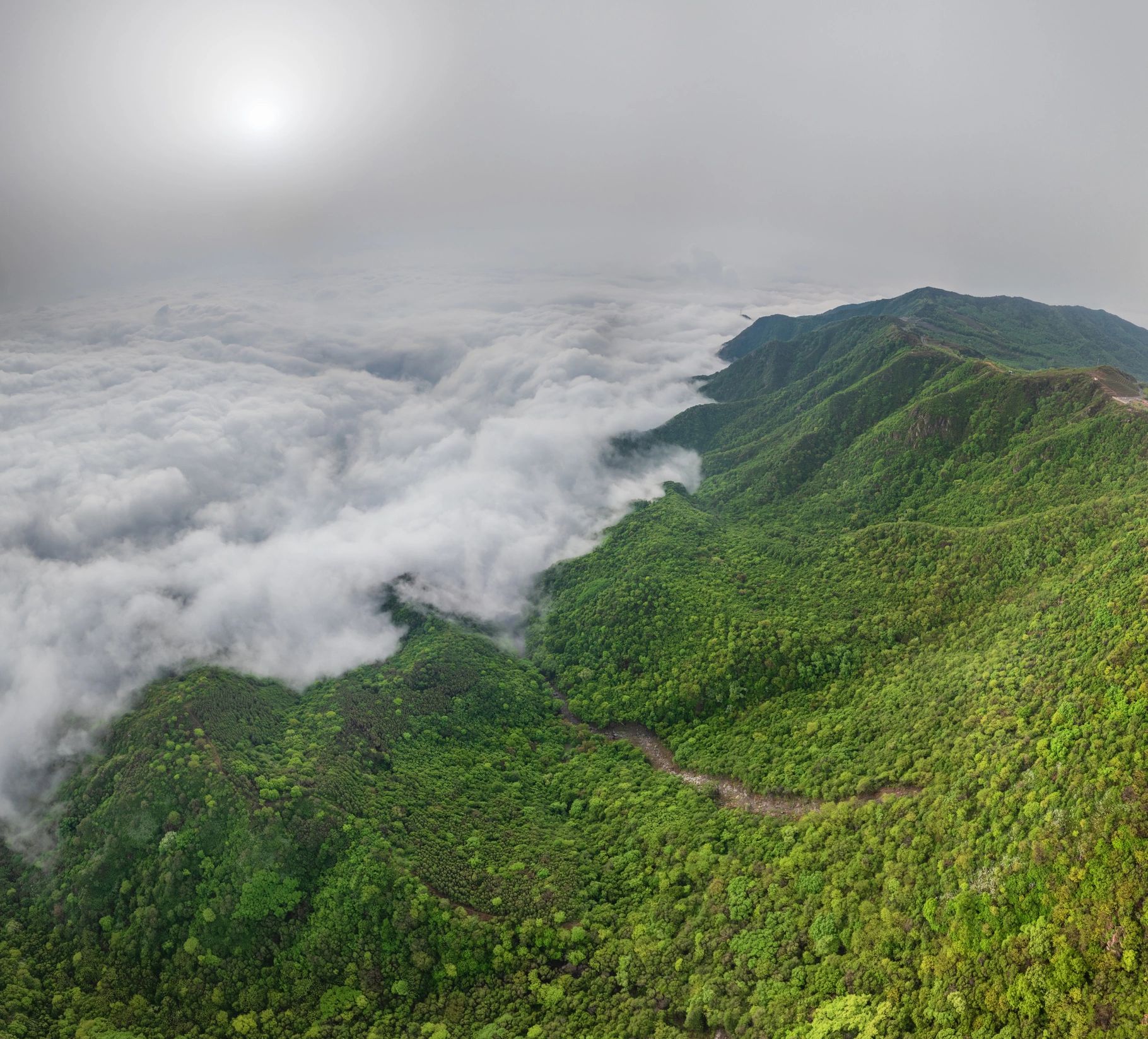 Cloud sea over distant hills at sunrise
