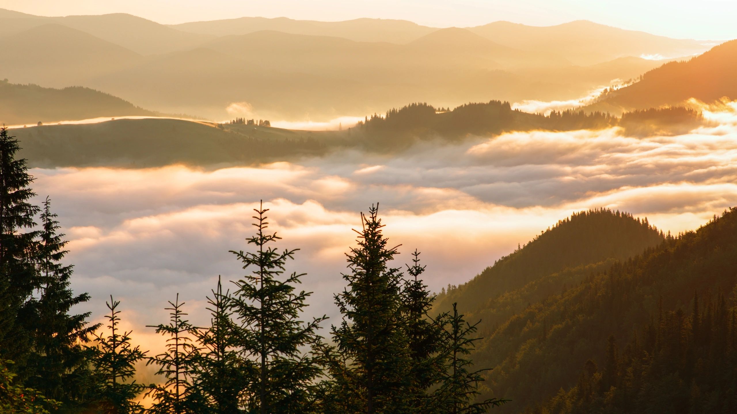 Sunrise over layered mountain ridges